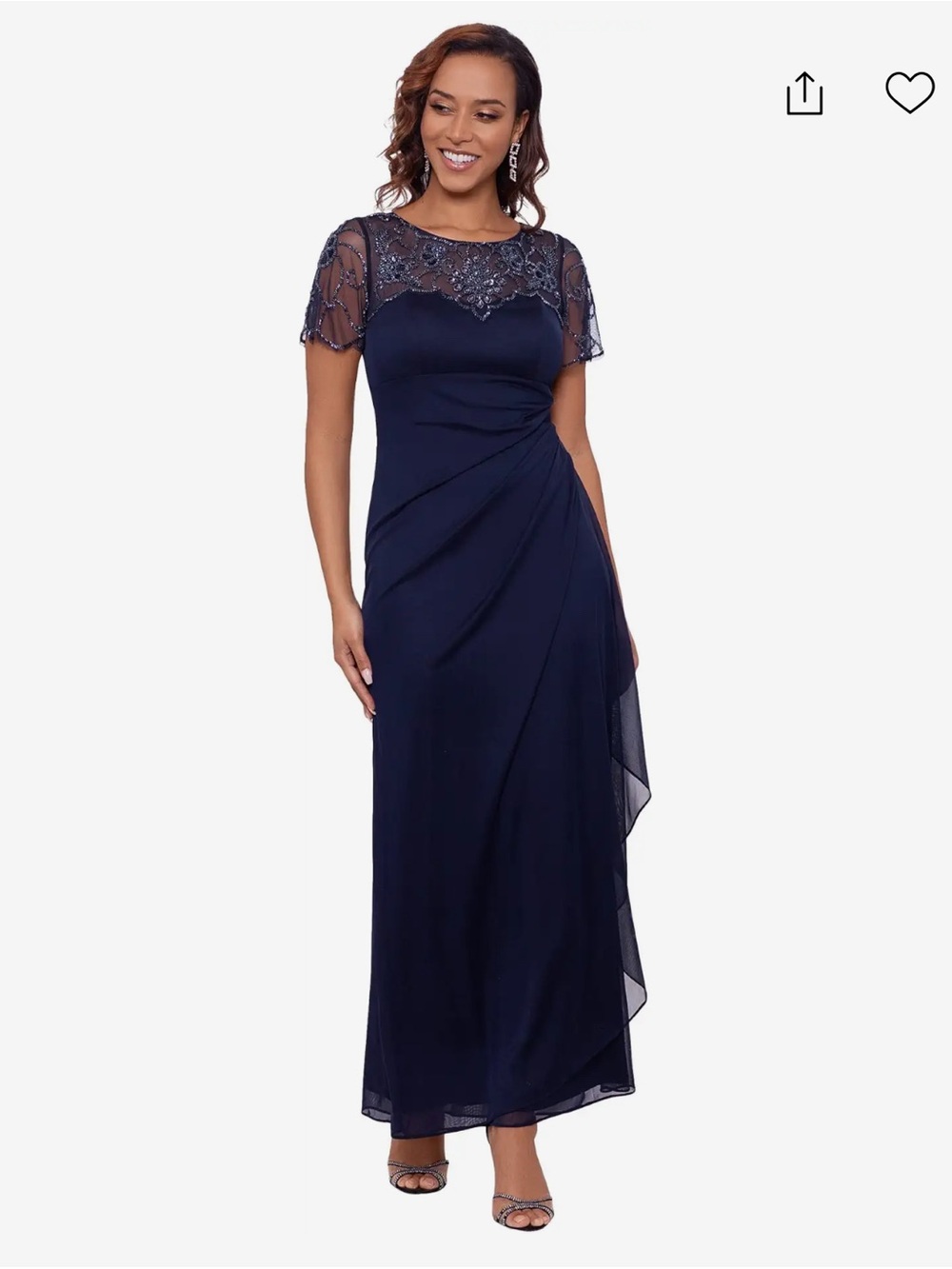 Xscape Navy Beaded Illusion Yoke Maxi Dress